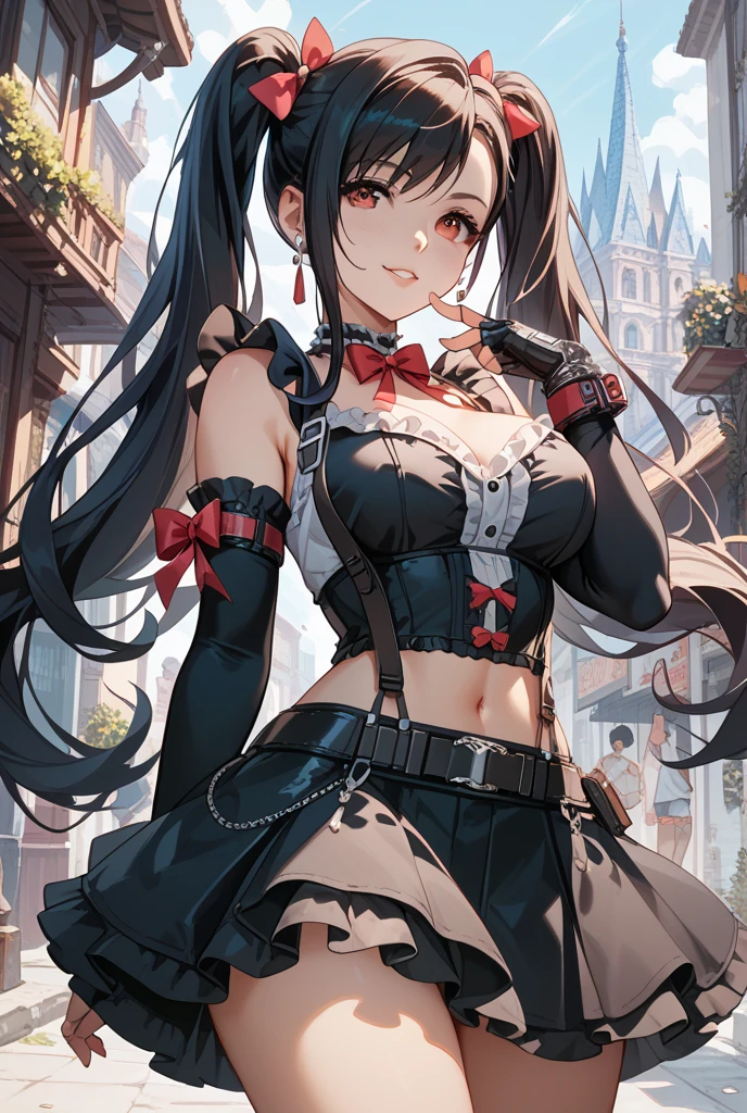 22 years old, (milf:0.8), (solo:1.5), (sfw:1.25), cute breast, beautiful breasts, medium tits, thin waist, big ass:1.0, Raised sexy, (beret, black jacket, open clothes, cleavage, midriff, black shorts, black thighhighs, thigh strap, fingerless gloves, single glove:1.2), blue eyes, light smile, big , Revimpling fabric, earrings, Hand gloves, detailed face,(smoking:1.3),long hair,side ponytail,hair between eyes,bangs,detailed and beautiful eyes,beautiful detailed lips,Rolling her eyes,manner,hair over one eye, (ultra high resolution, 8K RAW photo, photo realistics, thin outline:1.3, clear focus), best qualtiy, natural lighting, textile shading, field depth, (Bright pupils, fine detailed beautiful eyes with highlight:1.3, high detailed face), Red lip, fine realistic skins:1.1, looking down viewers:1.3, (dynamic angle:1.3, front view:1.1, breast focus:1.3, from below:1.2), (dynamic posing:1.5, sexy posing:1.2),Youghal, side lock, hair ornaments,nice,garden background,artistic rendering,Super detailed,(highest quality,4k,8K,High resolution,masterpiece:1.2),Bright colors,studio lighting ,at military base in usa