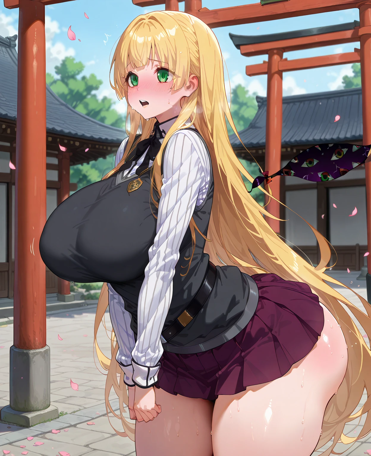 Anime Screenshot, masterpiece, Tops, 1girl, Alone,  propensity , ass, shy, gap-mouthed orgy, Index finger on the lip, blushing, only upper teeth, very long hair, blond hair, Green eyes, split bangs, straight bangs, choke, , knitted vest, grey vest, striped shirt, white shirt, neck tape, black belt, long sleeves, pleated skirt, purple skirt, miniskirt, giant breasts, huge ass, very big thighs, sweating, pose sexy, v arms , standing, watching the spectator, shot of a cowboy, blurred background, outdoor, torii, East Asian architecture, Petals, underwear
