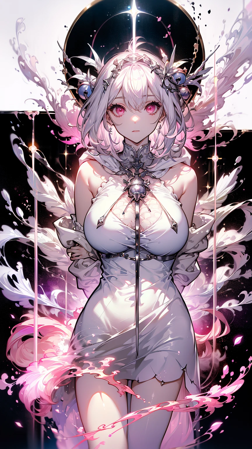 Paradise in Heaven, White lighting,(masutepiece), (Best Quality), (Cinematic), 8K, (art  stations), Li Yue painting style.(長いWhite hairとSilvery eyesを持つ1人の女), (Beautiful delicate face)、[ Particle Lou Full Moon] [Frozen trees々] [landscape crystal] [Lighting] [Ethereal Atmosphere]:1.1] [Fantasy, short story] [soft Lighting] [+Cinematic shot]:1.2 [+art  stations] [+luminous white background] [+soft Lighting] [soft glow] [Creative and dynamic angles]:1.3, [+Crystal Toning] 、masutepiece, ighly detailed, Ultra-detailed, Solo, (pale skin), Silvery eyes, White hair, (snowy background), (snowflake rosen flower:1.0), (shining crystal),, (Snowy ground), (White lashes), Female sexy、dreamy and detailed, Gorgeous setting, 妖しい雰囲気 masutepiece, The most beautiful scenes, An majestic、(((full of white flowers)))、quiet and serene atmosphere、A charming, all white tones,Inside the crystal library,Transparent flowers and falling snow，Many white roses are planted,(flowingwater,falls,water bloom),The decoration is also carefully done.,Dreamy（ighly detailedです，Creative Design，crisp and precise lines，K HD，best qualtiy，tmasterpiece，超hight resolution，4K）、Diverse poses、((beautiful white flower hair ornament))、Beautiful hairstyle、(Best Quality, 4K, 8K, hight resolution, masutepiece:1.2), Ultra-detailed, Detailed expression, Graceful posture, expressive brush strokes, mystic atmosphere, artistic interpretation,Delicate floral jewelry， (((Detailed design、Beautiful lace translucent dress、see-through small dress)))、(SFW:1.5), (Oversized breasts, best body proportions, proportions of large breasts,:1.5),(white decoration on thigh)、((Beautiful crystal accessories on the legs))。((Beautiful crystal accessories on the arm))、(((Design with a wide open chest)))