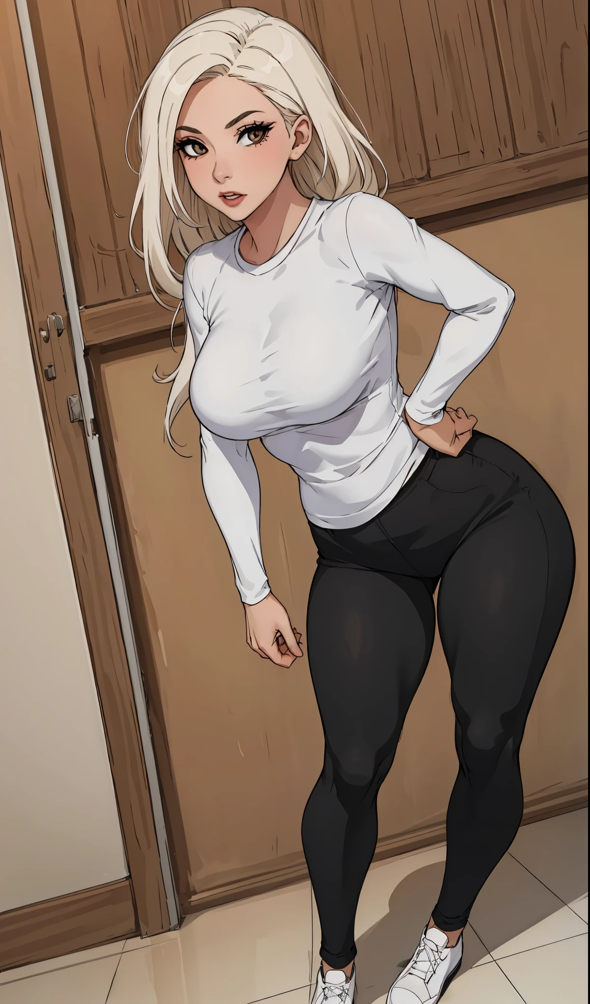 {{Full-body shot}} 1 chica, solo, short blonde hair, Purple eyes, Tanned skin ., voluptuoso cuerpo curvilíneo, interior,   clothes without skirt, black panties, Background of a room , Just wearing a white t-shirt and a pair of panties, intricate, perfect body, Big breasts, Gyaru girl