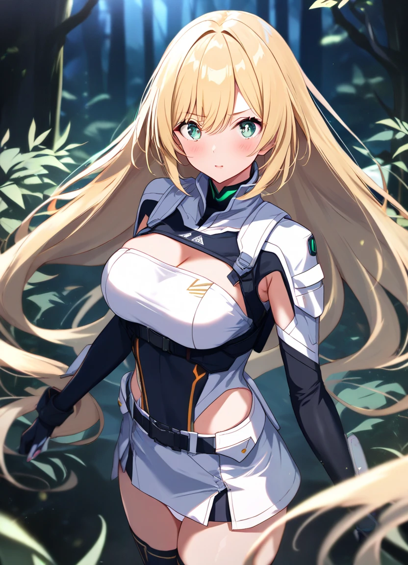 4K,High resolution,one woman,blonde,long hair,green eyes,goblin,big breasts,Inverted nipples,white tight cyber suit,maid,maid服,city of the future