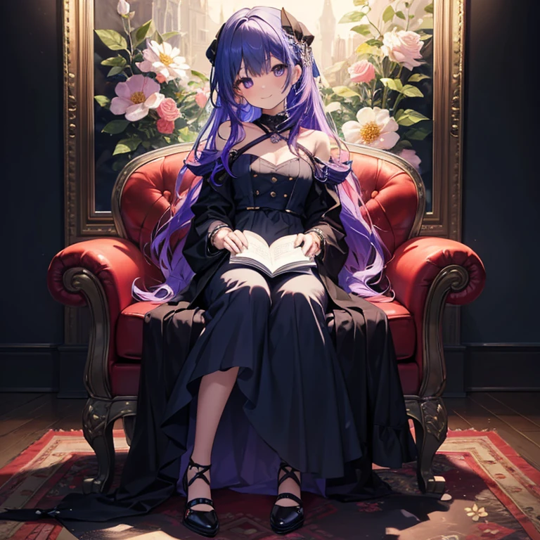(masterpiece,best quality,8K,HDR),closeup, 1girl,solo,raiden shogun,mature,intense blue hair,long straight hair,two hair buns,bangs,shaggy cut,blue marine eyes,dark lipstick,eyes makeup,skull hair ornament,gothic,dark noble attire,strapless,short black dress,bare legs,frills,spikey choker,(huge window in background,multicolored glass,geometric patterns:1.2),throne,sitting on throne,crossed legs,dark,moonlight passing through,skulls,red carpet,castle
