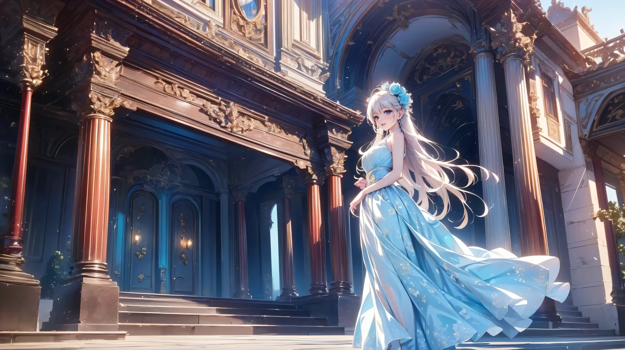 white hair woman, diamond-colored eyes, turquoise clothing, long, plain turquoise dress, In a luxury mansion, alone.