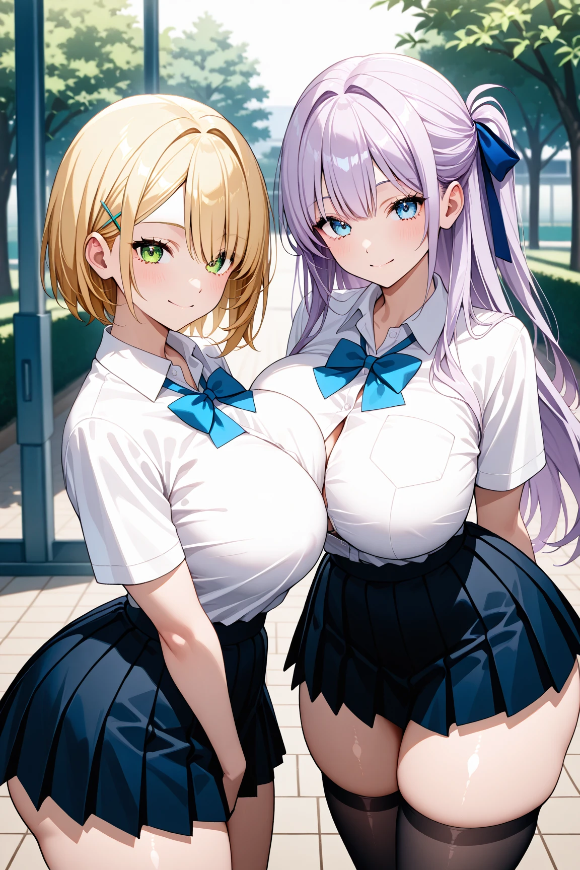 ((Two Pretty high school girls with super colossal breasts standing Alongside:1.2)), ((pressing their breasts each other:1.3)), ((lifting up the sailor suit)), shirtlift, wearing the navy skirt, Baby face, 2 girls, ((master piece, top-quality, ultra-definition, high resolution)), anime, ((ultra-detailed illust:1.2)), bangs, hair between eye, random colored hair, beautiful hair, random colored eyes, Shiny eyes, highlights on the eyes, Sparkle in the eyes, ((detailed eyes:1.2)), ((Erected Nipples)), Exposure of nipple, Beautiful nipples, ((super gigantic breasts exposed:1.3)), huge tits, Soft breasts, cleavage of the breast, show breasts, Big smile, enjoyed, opened mouth, without clothes, take off clothes, in the alley, morning