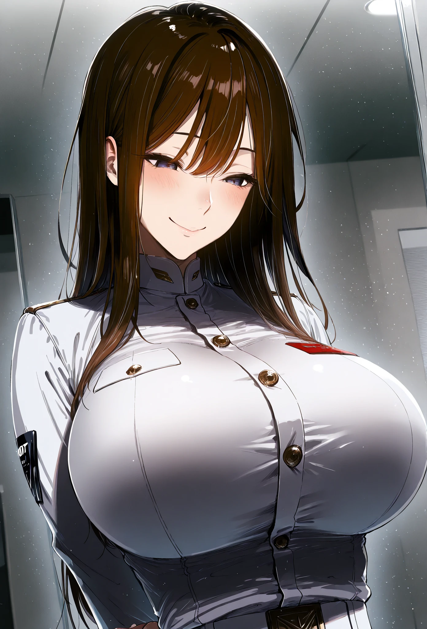 Very detailed image of a girl with shoulder-length brown hair.., A body with many curves, big chest and butt, the girl is a nurse and is wearing her uniform, the girl unbuttons her uniform, revealing her underwear