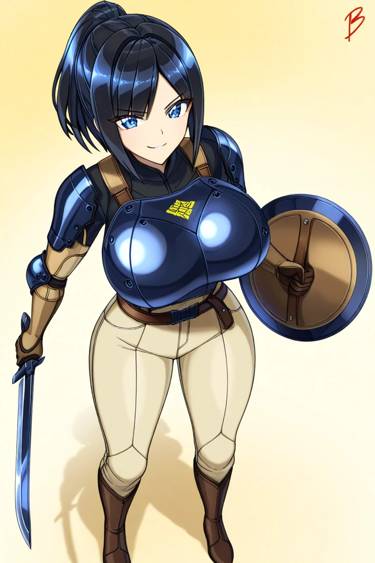 "(masterpiece:1.1), best quality, 
1girl, (80s anime style:1.3), (eyelashes:1.5), (loli:1.2), 
(intricate high detailed body:1.2), 
black hair, 
(forehead exposed, hair slicked back:1.2), (twintails, drill hair:1.2), (tiara:1.2), 
purple eyes, (lip stick:1.4), (thick eyebrows:1.1), 
(curvy body:1.1), (gigantic breasts:2.0),
(happy, smile:1.2), open mouth, 
(string body suit armor, underboob cutout:1.2), (pantyhose:1.2), 
(knight armor, armored boots:1.2), (ribbon:1.1), (streaked hair:1.2), crystal necklace, 
standing, hand on hip, 
(upper body, cowboy shot, looking at viewer, from front:1.1),
(daytime, woods, grassland, outdoors:1.1)"