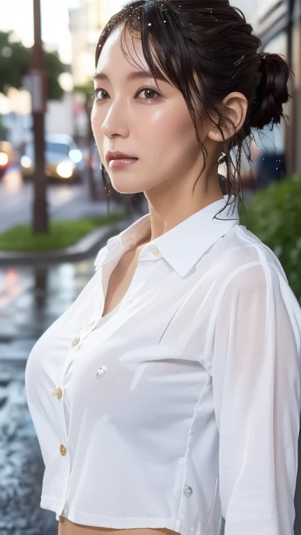 ((Best quality, 8k, Masterpiece :1.3)), Sharp focus :1.2, A pretty woman with perfect figure :1.4, Slender abs :1.2, ((Layered haircut, Big breasts :1.2)), (Wet thin button up long shirt :1.1), (Rain, Street:1.2), Wet body :1.1, Highly detailed face and skin texture, Detailed eyes, Double eyelid