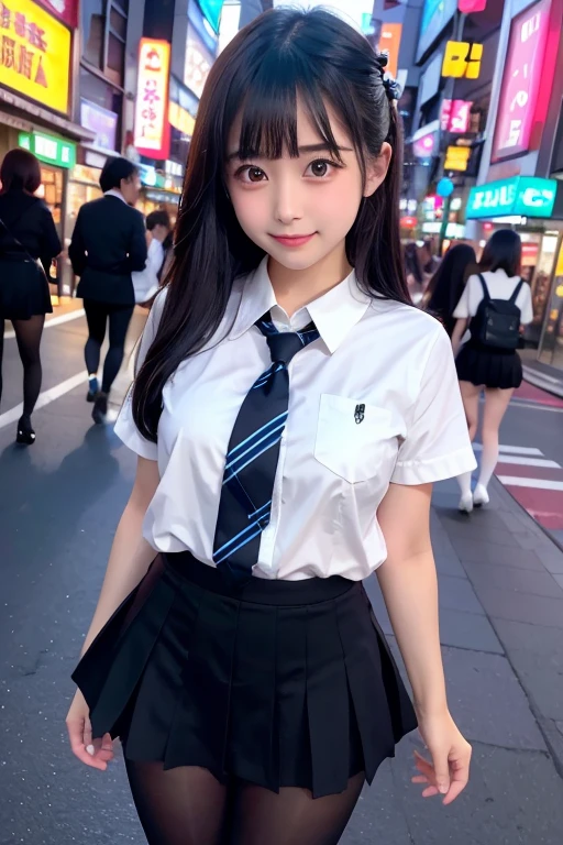 (masterpiece,highest quality,Super high resolution),japanese girl, (very beautiful 10 year old girl),naive girl、(perfect limbs、perfect anatomy),standing on neon street in the middle of the night、Phenomenally cute 、Wearing Japanese school uniform、japanese school uniform、surreal 、dressed like a high school girl、surreal 、wearing a uniform、girl in uniform、wearing a uniform、 Pause、Full body Esbian、nice skin、glowing skin、nice thighs、Shining thighs、shining legs、Black high socks above the knee、Japanese high school 、beautiful skin、Moist eyes、Brown glittery hair、Colors and landscapes of youth、Feeling of love, embarrassing smile, go to school, morning, Sheer, Wet,(lift up the skirt)、(White panties are visible)、超絶に可愛らしい幼い顔の女の子、下から犯す