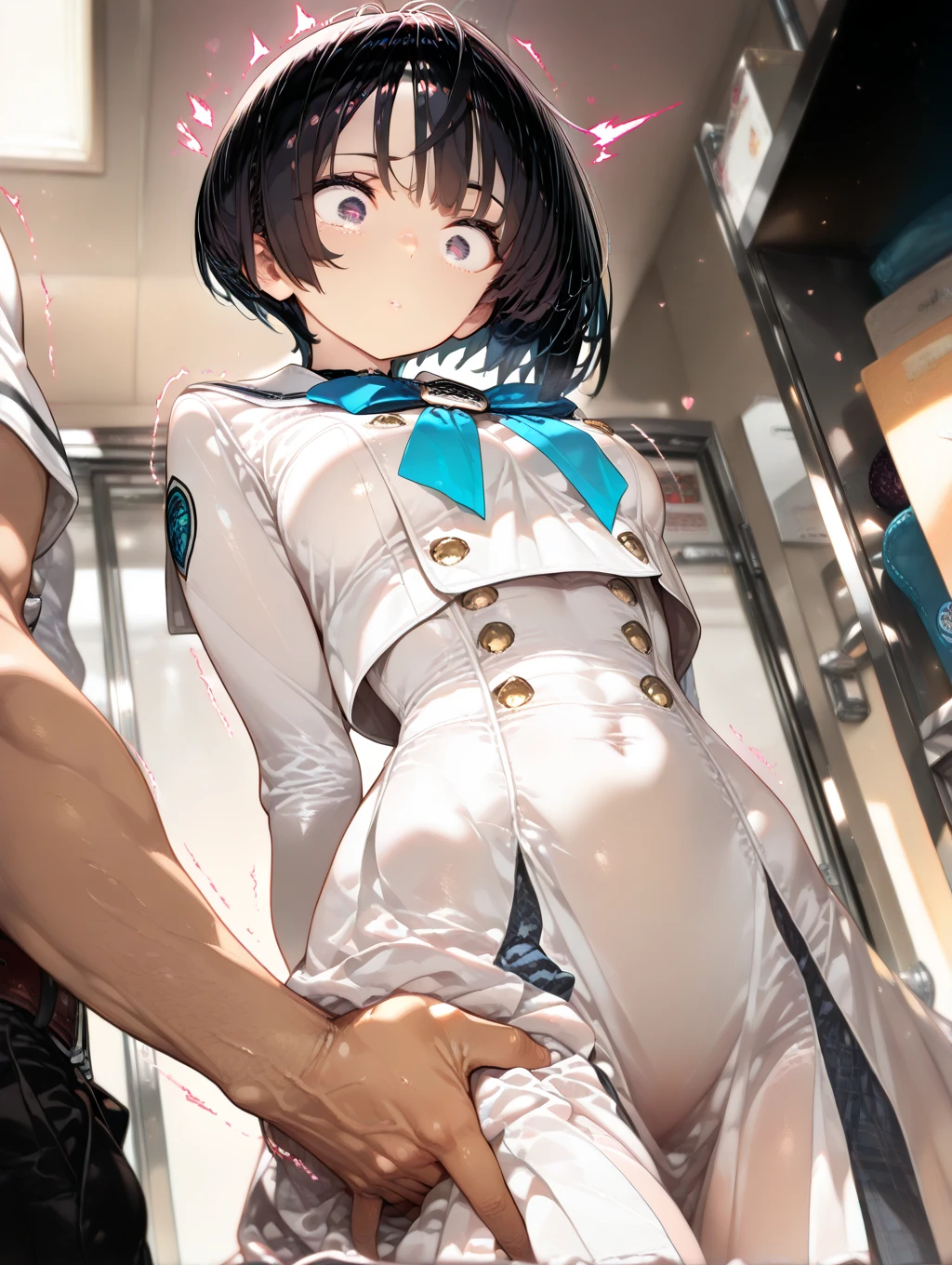 Handsome guy in white socks is crying, abs boy, sunny handsome, anime male protagonist, male high school student, white socks, sailor uniform, sports shorts, full body photo