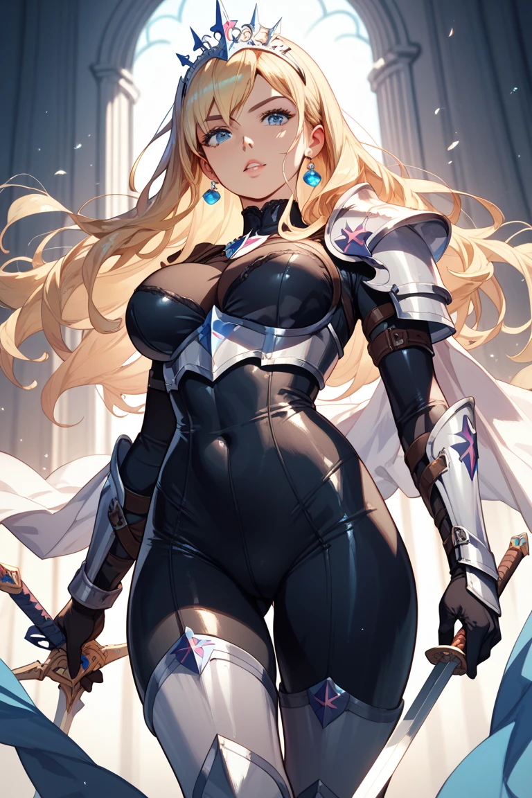 1 Girl, light eyes, big white hair, locks of hair, bangs, hair detail, strands of hair detail, (lights effect on hair), ((sexy white knight full armor)), big chest, thick legs, thick thigh, backdrop, in the sky, in heaven, ambient detail, ultra detailed
