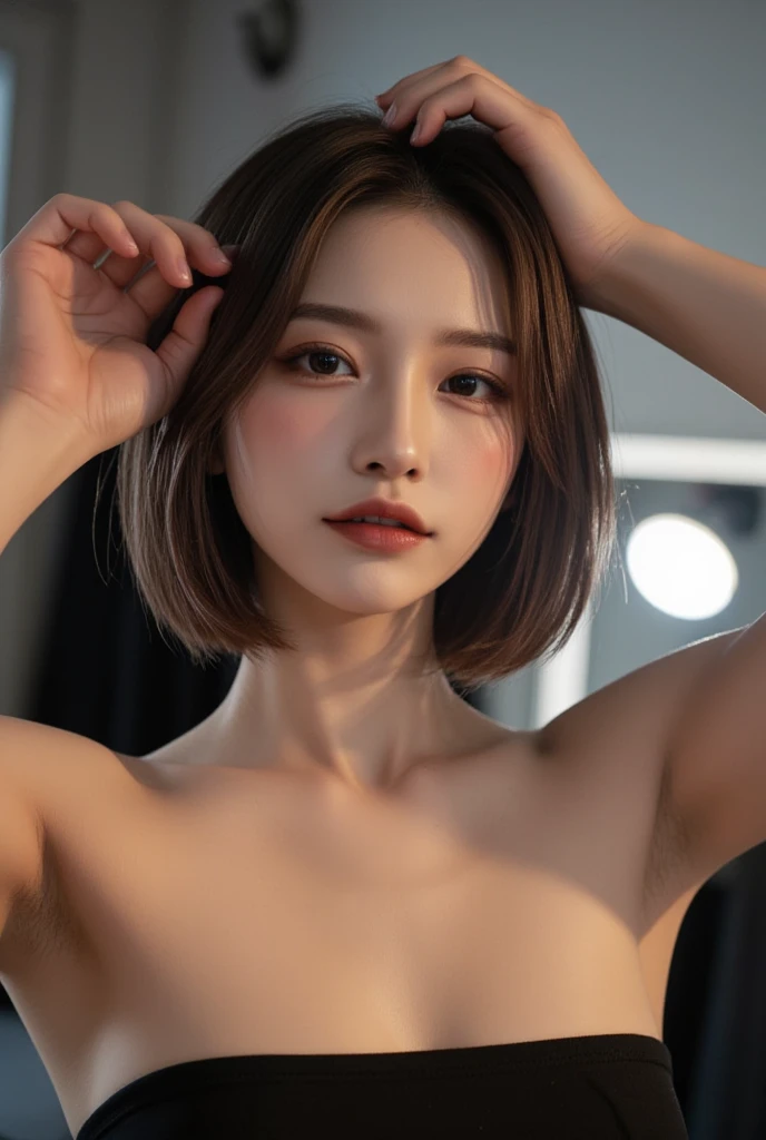 a beautiful girl,Age 35,bob cut,sexy black lingerie,supermodel,hard makeup,masterpiece,brown hair,detail,,slender body,average japanese mature face, Very detailed指, (8K, RAW Photos, Highest quality, masterpiece: 1.2), Super detailed, Super Resolution, (Genuine, Genuine photos: 1.37), Portraiture, High-resolution RAW color photos, Professional photos, Very detailed and beautiful, Very detailed, 8K 壁紙, Amazing details, Large file size, Official Art, Very detailed CG Unity 8K 壁紙, Very detailed beautiful girls, Very detailed faces, Very detailed目, Very detailed肌, Very detailed鼻, Very detailed口, Perfect Anatomy, Detailed Background, , (35:1.2),cute Girl, Realistic body, White skin, Glowing Skin, The body is slim, cute, Realistic Face, Delicate eyes, Sale Eyes, ((superior)), ((((short hair)))), Earrings, Looking into the camera, Cowboy Shot, Look forward, Dynamic Lighting