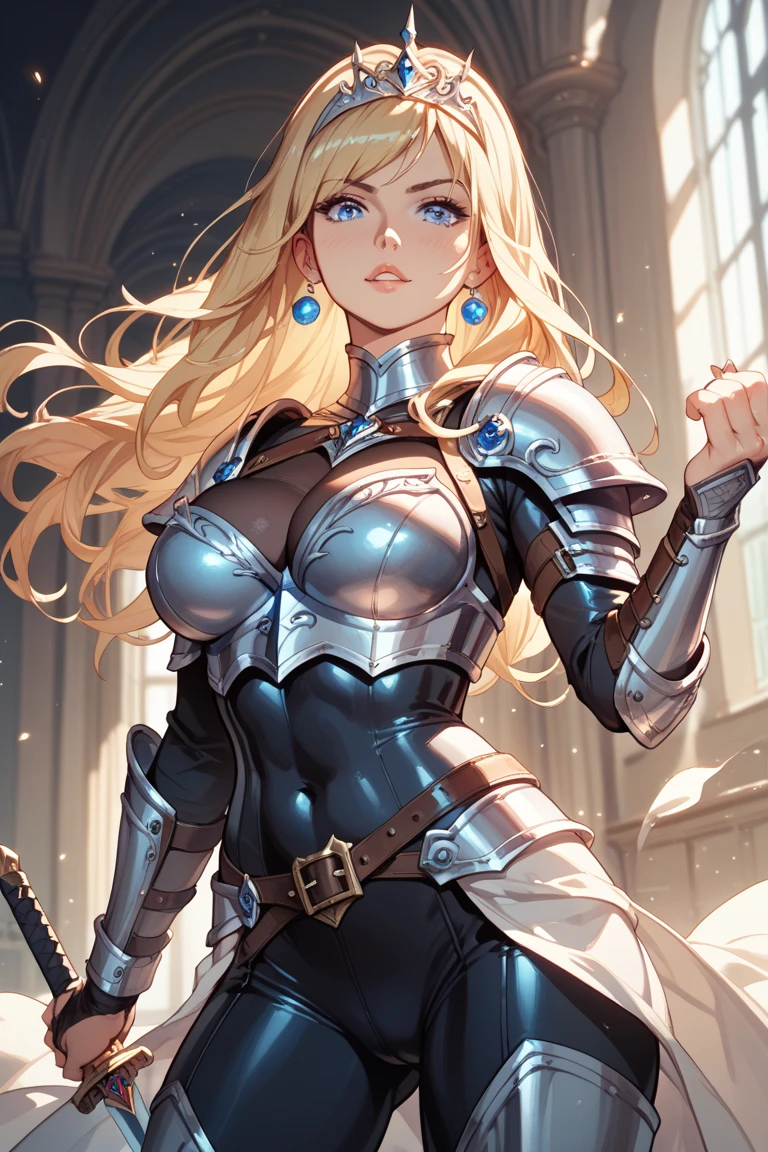 Create an anime-style female knight standing confidently in a medieval cobblestone street. She has long, wavy blonde hair, piercing blue eyes, and is clad in shiny silver and black armor, which is intricately detailed. Her armor includes a chest plate, gauntlets, and greaves, and she wears a flowing black cape. She holds a glowing blue sword in her right hand, which emits a soft light. The background depicts a medieval cityscape with tall buildings, narrow streets, and a soft light filtering through, adding a sense of depth and atmosphere to the scene. The character should exude strength and determination, with a slightly ethereal or heroic aura