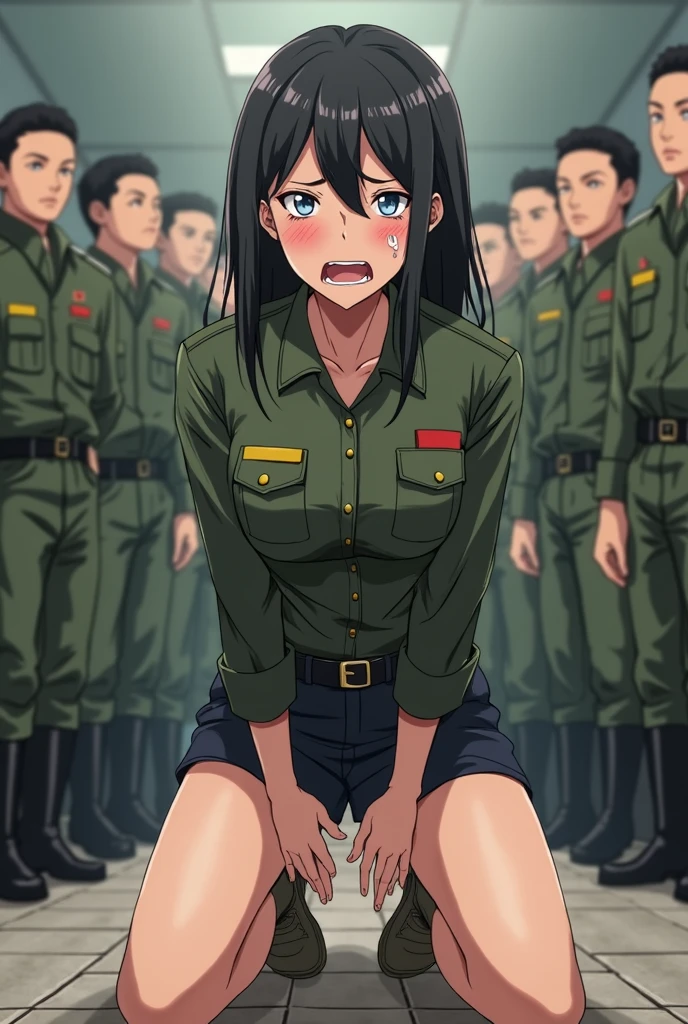 (masterpiece, Highest quality: 1.1),Female civilian raped by male military personnel, Flat Chest, Small breasts, Curvy, army, army, Wicked Smile, Red eyes, Neutral lighting,Intense penetration sex,Creampie Sex,