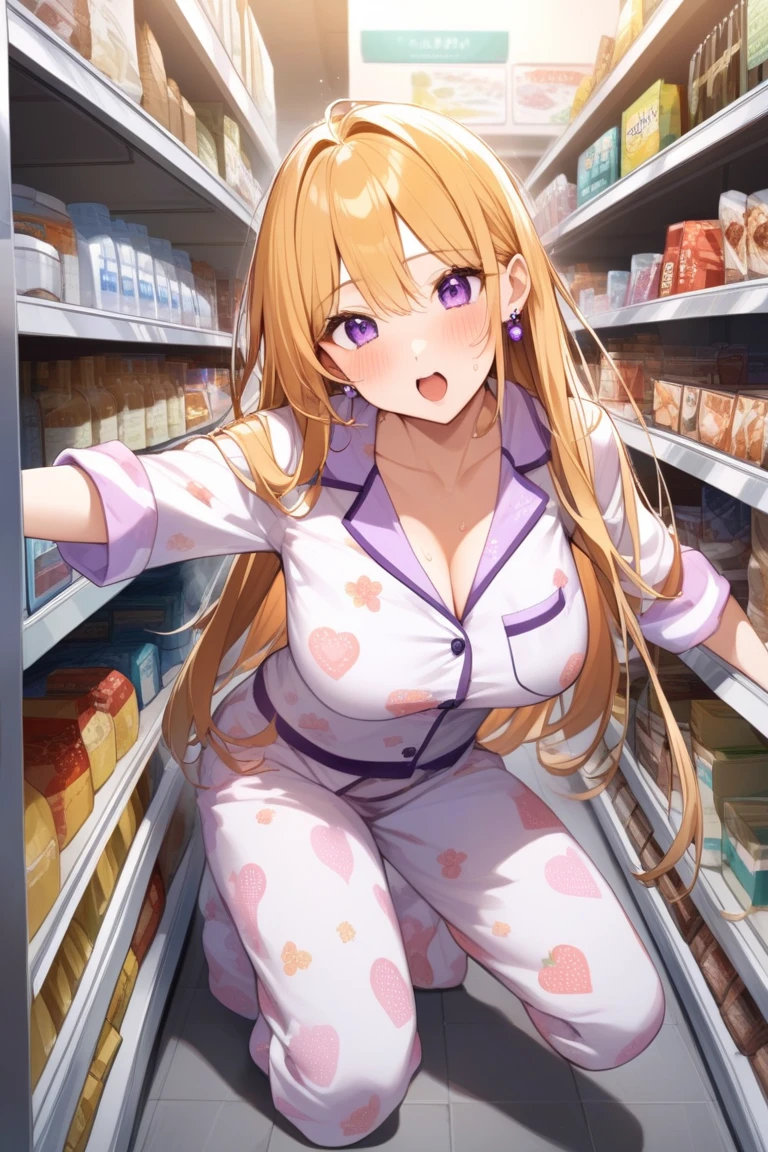 1girl, nsfw, side Ponytail,  orange hair、 long hair, purple eyes, large breasts, , , empty eyes , large breasts, nipple, , Peeing, lactation, projectile lactation, Sweets shop, frozen, wet, crying ,, Naked, , (1girl) ,solo