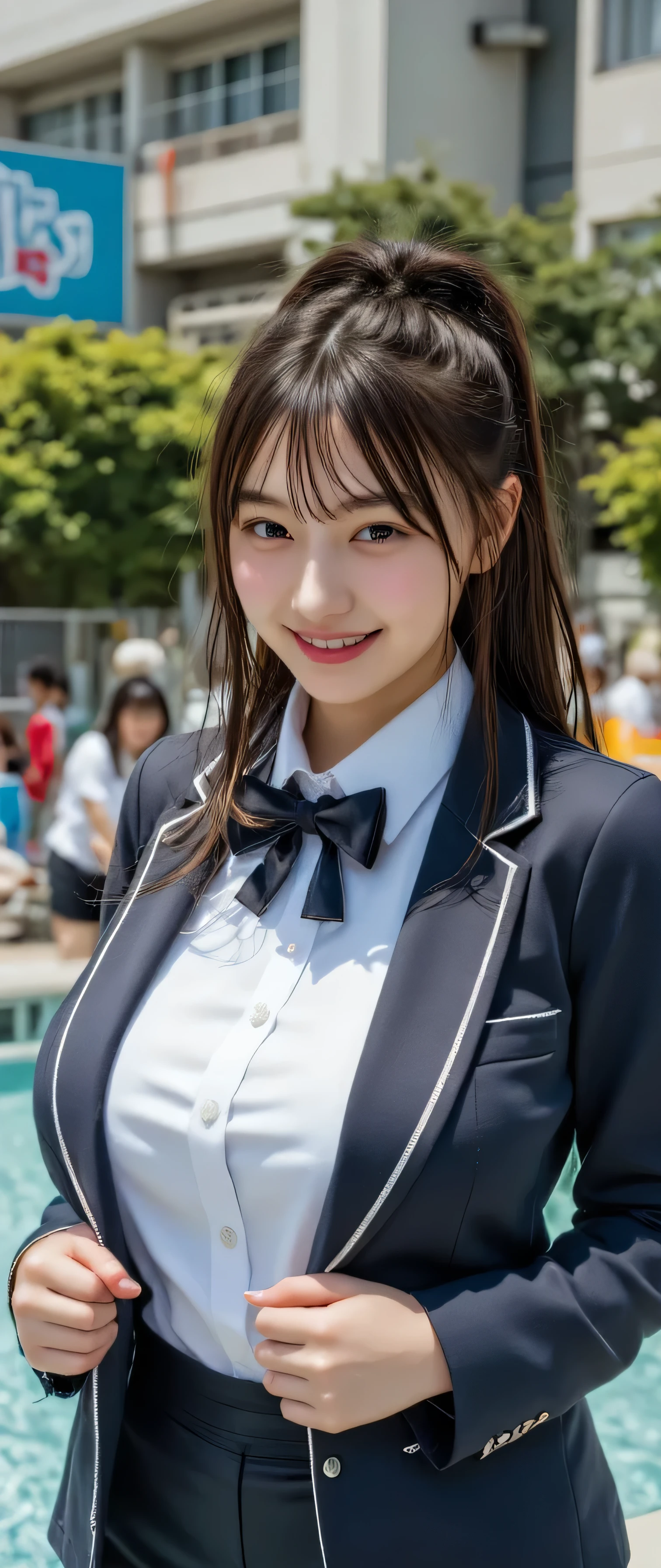 closed mouth,(closed eyes1.5),(Pursing his lips:1.3),(Lips Close-ups :1.8),from above,(beautiful girl:1.3),1girl,Black Hair,Bright blue track jacket,smile,school ground,tilt one's head,