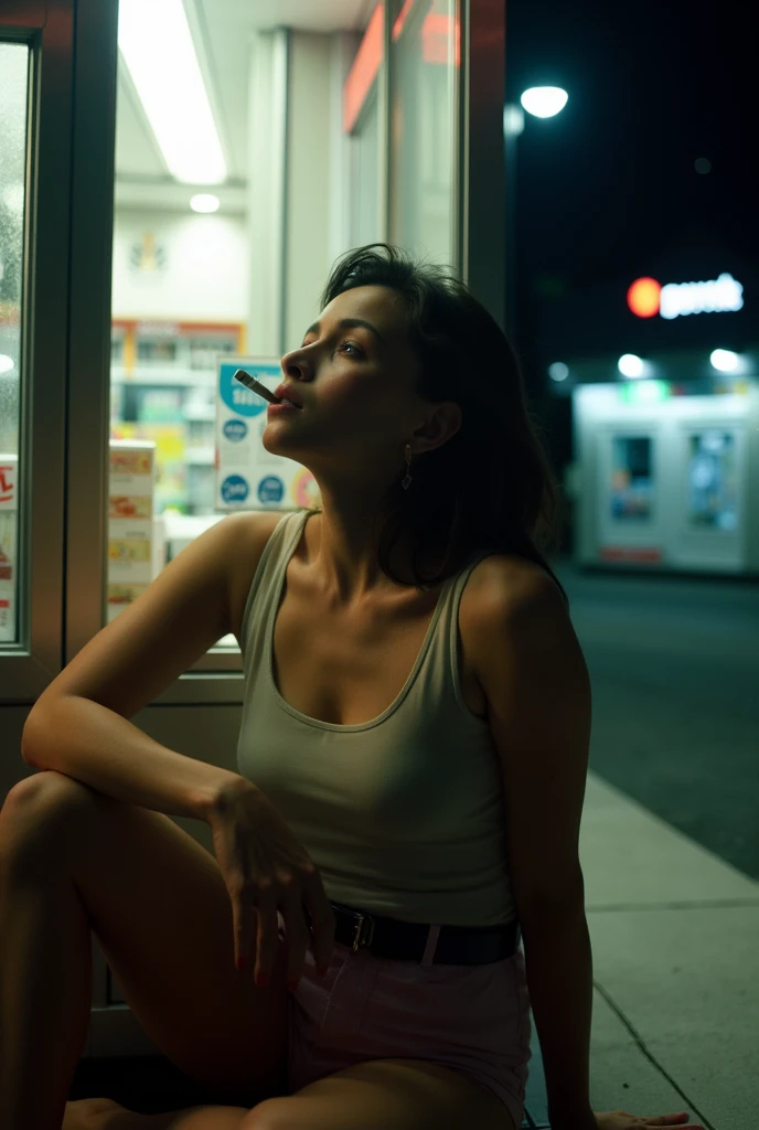 Gal Gadot sitting on a armchair showing her feet to the cameraman, gas station, side, nice butt, CCTV footage