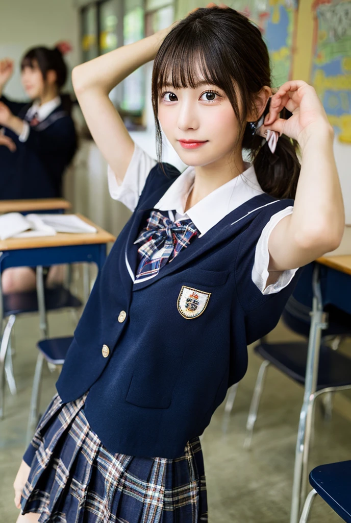 (1young girl), kawaii, (highly detailed Beautiful face), Amazing face and eyes, (Best Quality:1.4), (Ultra-detailed), (extremely detailed CG unified 8k wallpaper), Highly detailed, High-definition raw color photos, Professional Photography, Realistic portrait, twintails, (hi-school uniform, pleated mini skirt:1.3), (hi-school uniform with wide open breasts:1.2), Sitting, (open your legs), cameltoe, depth of fields, School, classroom, (fine face:1.2), (from below:1.2)