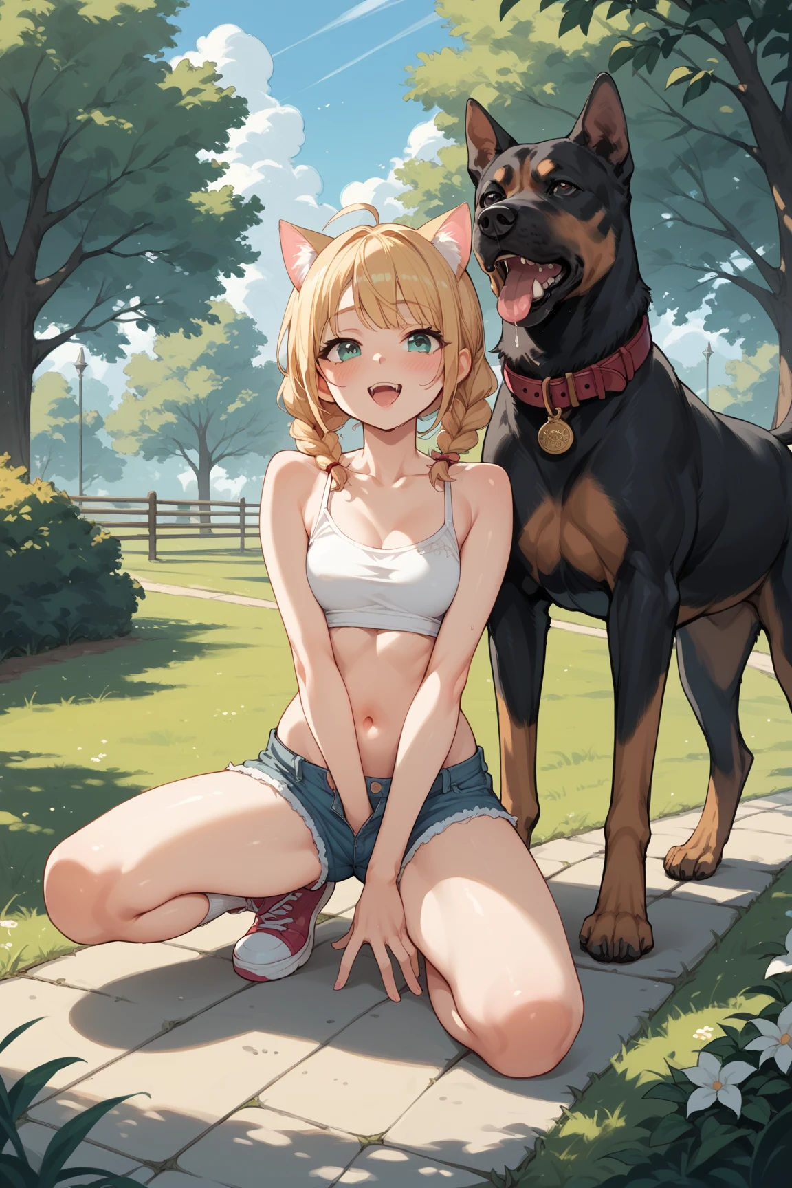 Score_9, Score_8_up, Score_7_up, Score_6_up, Score_5_up, Score_4_up, source_anime, anime style, 1girl, cat ears, anime coloring, aged down, cute, horny, excited, heavy breathing, doggystyle,, chibi, sex, doggystyle, chibi, (dog), (bestiality), close-up, penis