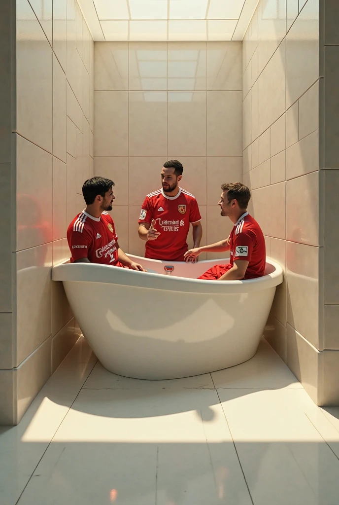 Five football players in the locker room bathing a white baby