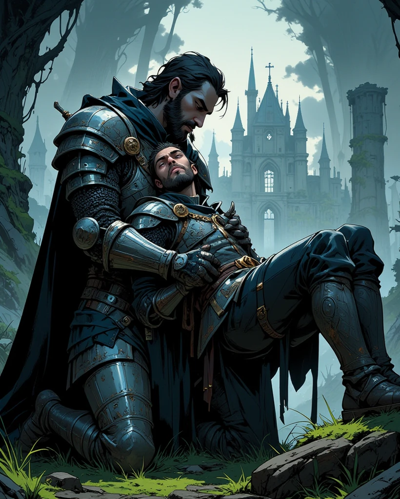 (((2 characters - young adult male warrior with smoky eyes wearing cloak and a huge male hunk wearing full on armor with armored helmet dark fantasy themed having wild and hardcore wet gay sex together in the middle of battle)), ((size difference))), ((dark fantasy theme hentai)), NSFW, dark souls 3 setting inspired, (yaoi hentai), ((young adult male warrior with cloak being creampied and fingered)), swordplay, detailed and well drawn flaccid cock, (elden ring inspired) ((erotic gay battle)),
