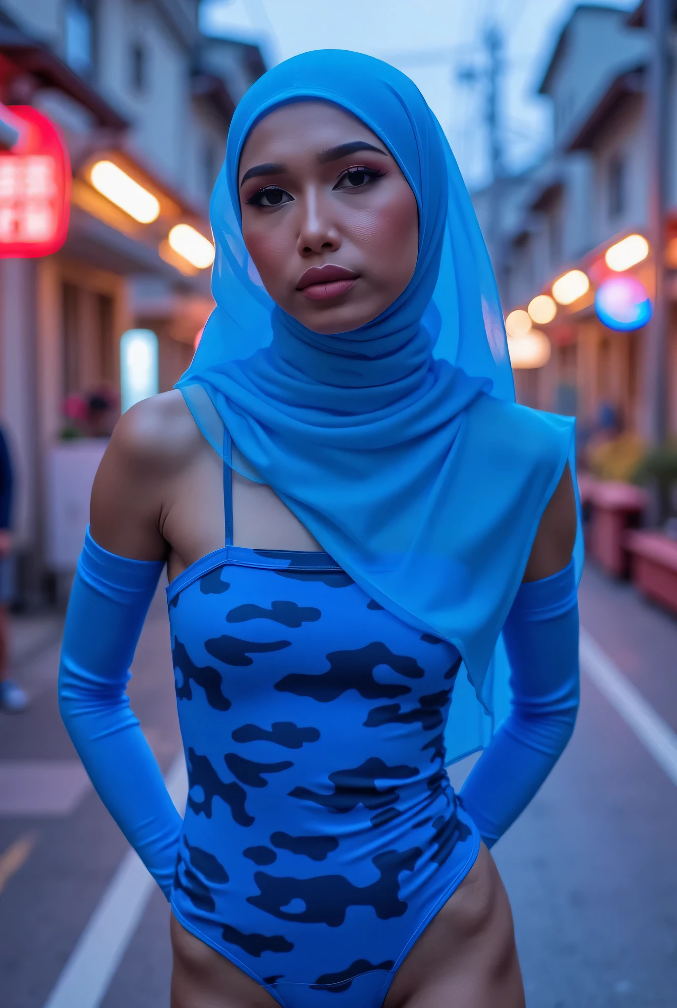 (KIMONO COAT), Disappointed facial expression, Front posing, Wearing Scarf neck tie, Front posing, SUPER SKINNY, (Thighs and calves huge muscles), (((MOODY FACE EXPRESSION))), "Wearing Hijab perfectly", wearing Scoop Neck Sleeveless neon light blue Bodysuits strapless swimsuit 'camouflage print', (KEDUA BELAH TANGAN DILETAK LETAKKAN DIBELAKANG PUNGGUNG NOT VISIBLE FINGER) PLEASE DON'T PUT ANYTHING ROPE!!!, THIGHS OPEN WIDE, closing mouth
THIN SKINNY HIJAB INDO MALAY (Singlet ), 1 girl, 'BULGE PUSSY', Half body portrait, (face details: 1), (Eye details: 1), ultra high res. realistic: 1.4, UHD, background Di tengah Kota Yang sepi Di negara jepun, LIGHT BLUE HIGHHEELS AND SQUATTING SQUATTING