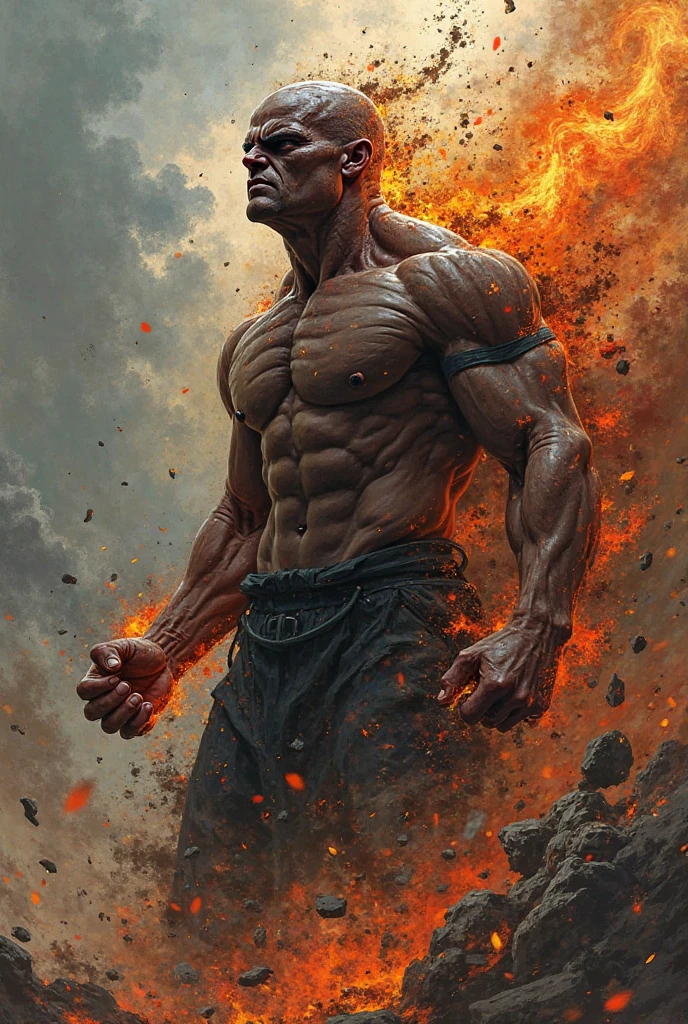 A Muscular man. Scary lion head. Playing soccer. Burning field background.