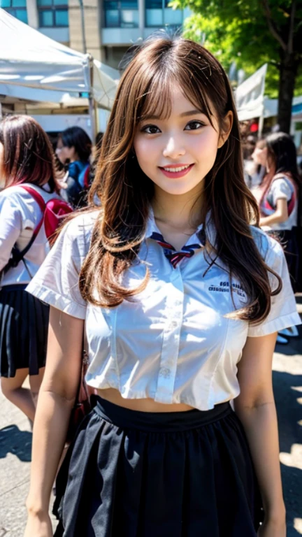 ((Highest quality)), ((masterpiece)), (detailed), Perfect Face, A 20-year-old girl who is as cute as an idol, A kind smile, very cute、Female police officer, Police uniform, Police short sleeve shirt, mini skirt、(Large Breasts:1.2), Cleavage, whole body, whole body像、City Sidewalk, Genuine stick, Genuine、