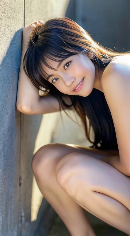 lens: 135mm f1.8,(Highest quality), (Beautiful 12 year old Japanese girl), (Moist lips), Narrow eyes, double eyelid,Delicate clavicle,Flat Chest,Shortcuts,
(Let me'Let's take another look), shame, A faint smile,
(Spotted sunlight:1.2), Dramatic lighting,
(Completely naked), (Sunburned skin:0.2),Full body photo、Whole body image、Full Body Shot、 figure、、Underdeveloped flat chest、smile
