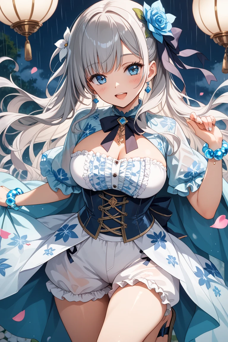 ((huge breasts、huge breasts)), beautiful breasts、(big breasts),Super detailed、#3b4195 background、beautiful flower、Watercolor pattern in calm colors、(watercolor texture)、(1 girl)、long hair、cute、 short, petite, pretty woman, 、 super detailed face、fine eyes, smooth skin,(((open clothes)))