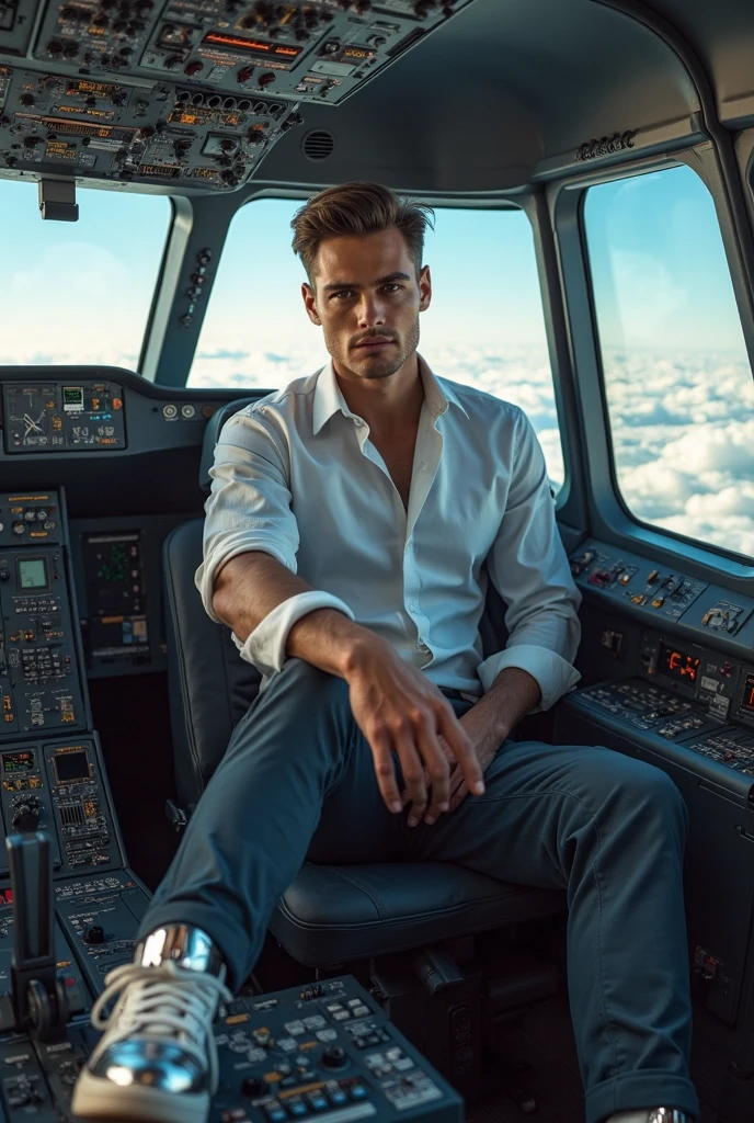 masterpiece, best quality, face, natural eyes, 1man, solo, big feet, black socks, full body, (in suits), large bulge, long legs, looking at viewer, 30 years old, muscled and mature, pilot, pilot in uniform, short haircut, blue eyes, topless, shirtless, open chest, eight-pack abs, sexy,