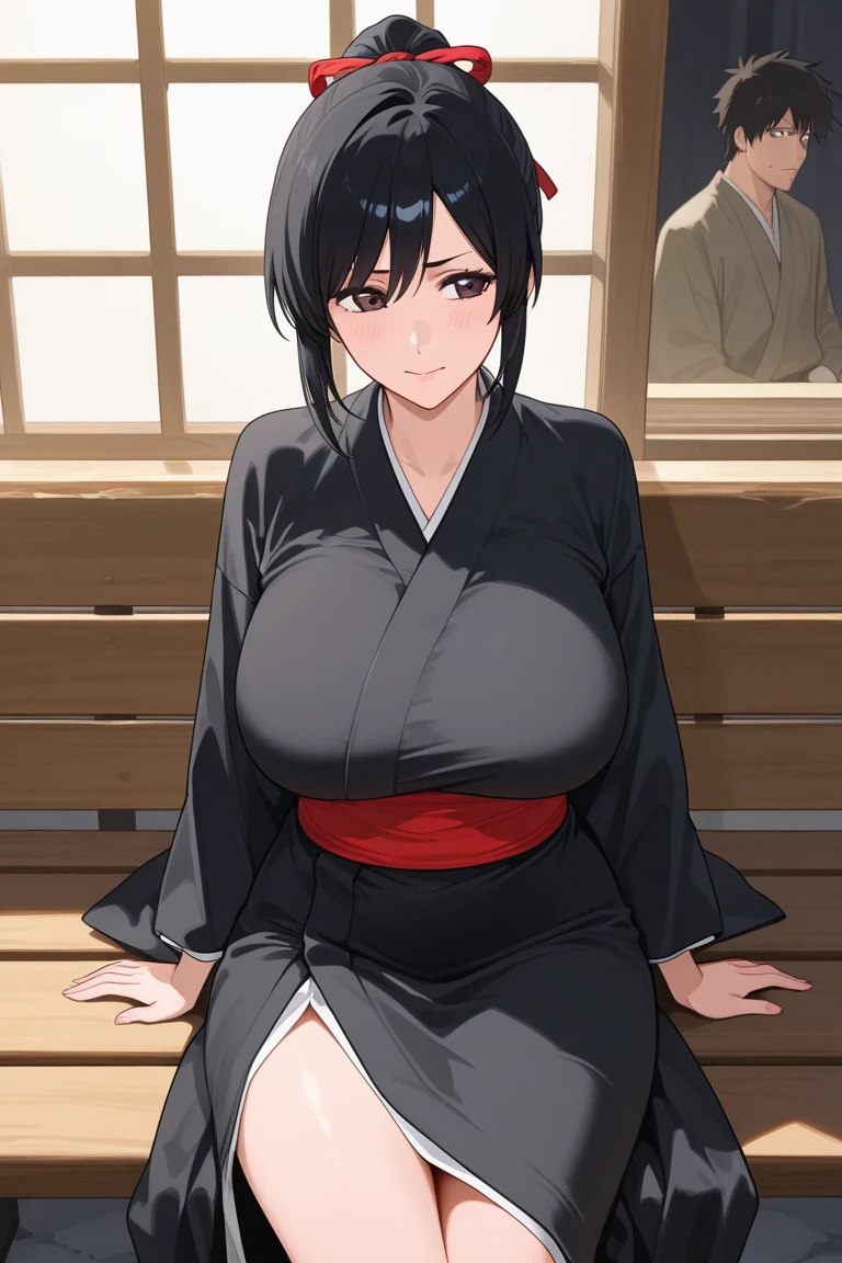 masterpiece, best quality, shizune, black kimono, wariza, japanese architecture, sake, drunk, blushing, laughing, closed eyes, indoors, table, ((cleavage)),