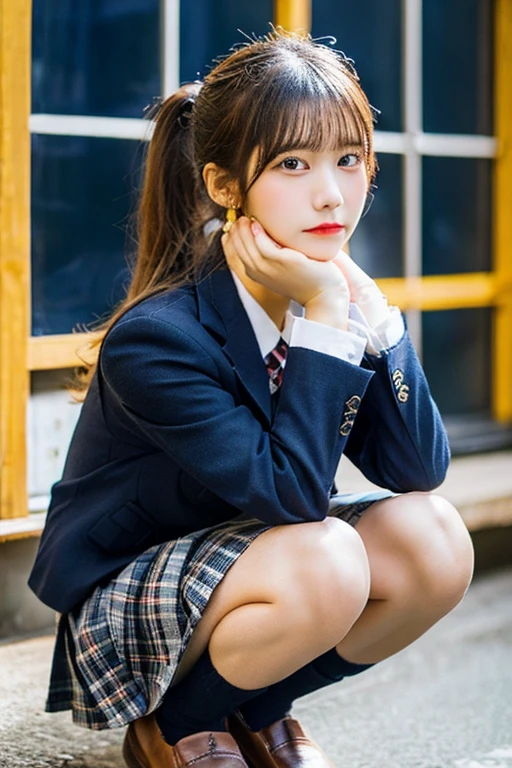 ((Dark blue socks)) Put your hands on your knees ((Brown loafers)a blond、((I can see panties.))(Squatting panty shots)Single eyelid Eye of the cut beatiful detailed eyes、ultra-detailliert、hight resolution、Transcendent beauty top-quality、masterpiece、、(Japanese girls' high school uniform))、Very detailed expression School Classroom Transcendental Beauty 28-year-old girl、((dynamicposes)))、(Sitting on legs with bent knees))、pleatedskirt、Ribbon 1,2 sexy smiles high-angle