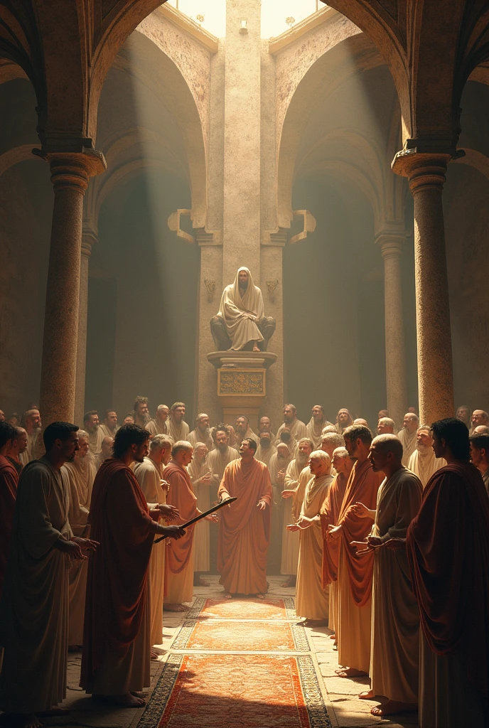 Several men in their underwear, praying on their knees on carpets, with Islamic caps on their heads, before the imposing image of Zeus, in a large white temple.