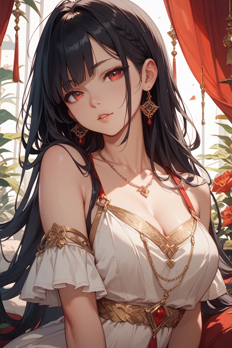 beautfull woman, well-detailed face, detailedeyes, whole body, long black hairs, ruby red eyes, darkskin, Big boobs.