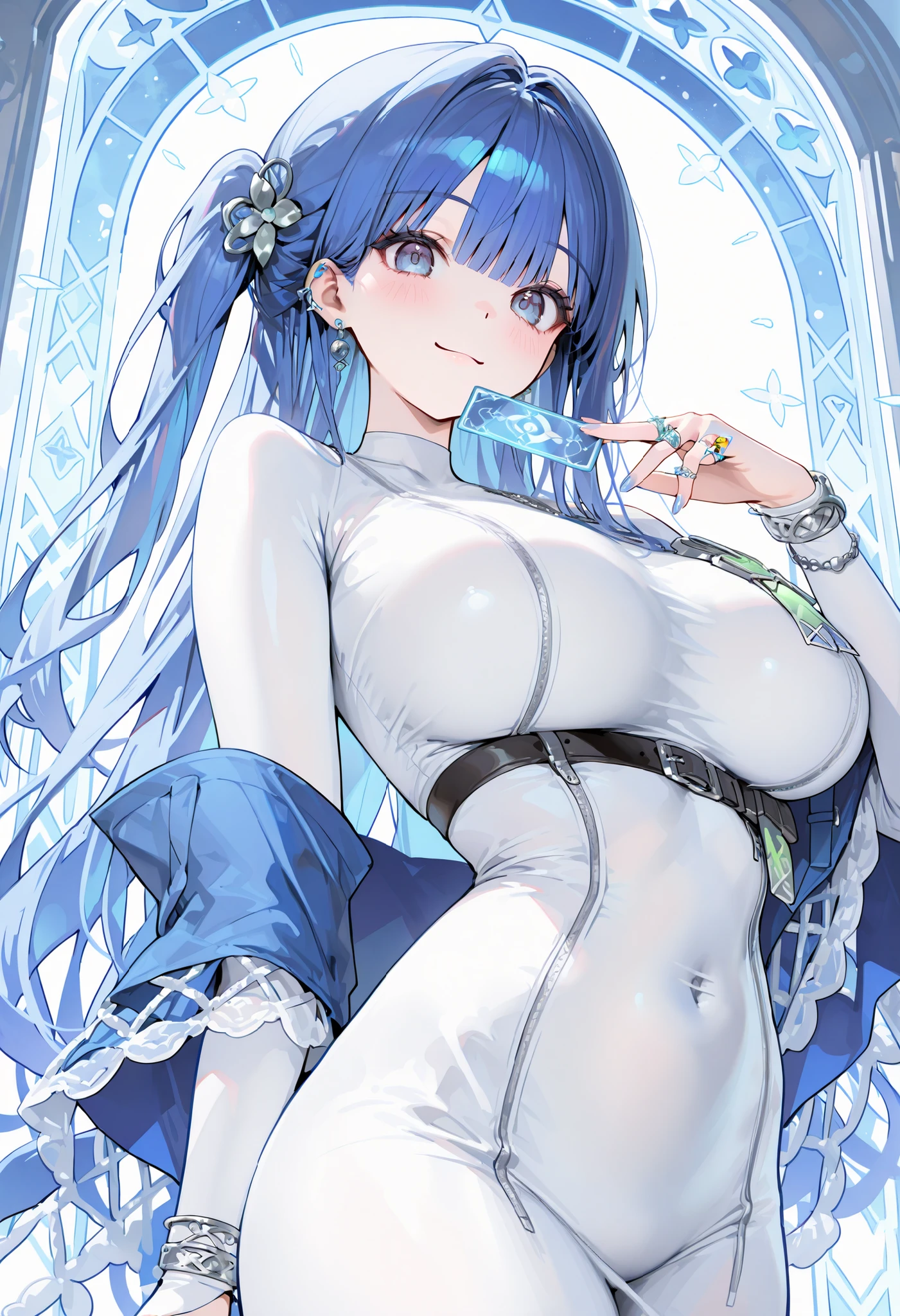 masterpiece,perfect anatomy,high resolution, ultra-detailed,beautiful detailed eyes,dutch angle,absurdres,shiarcanadef,long hair, one side up, bangs, blue hair, blue eyes, hair ornament, hair ribbon, ribbon, hair flower, earrings, jewelry, ring, large breasts, long sleeves, white dress, belt, nail polish, long dress, white bodysuit, shawl,Tarot Cards,cowboy shot,smile,