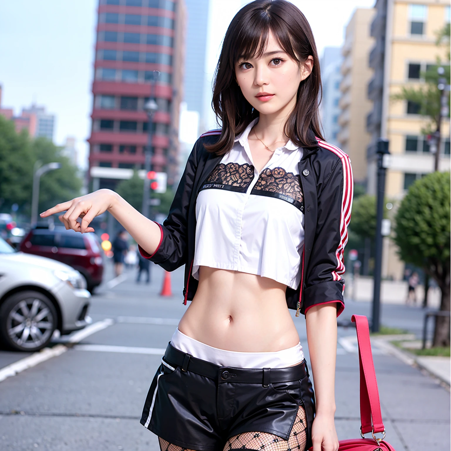 Anime illustration of young woman, Perfect Face, masterpiece, good, underwear, black_good, Jacket, black_panties
