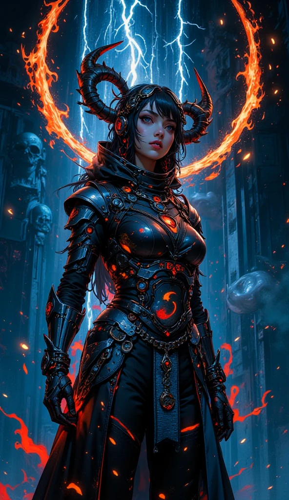 evil goddess, steam powered, terrifying, full metal, bolts, horns, cowboy tech, black and brown colour pallet, fire, hellfire, ultra detailed, solo, 8k unity wallpaper, masterpiece, wild west, leather , metal, wearing cowboy outfit, badass, villain, sexy, lewd, gorgeous woman, cleavage, open shirt, big breast, revealing shirt, boobs, nsfw, tits