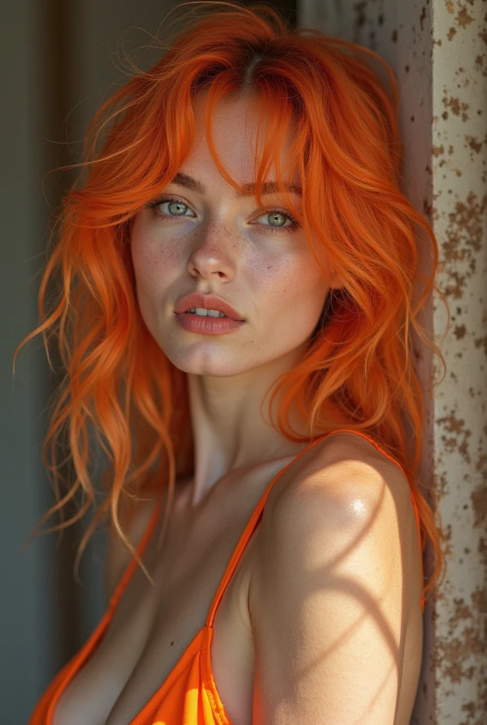 arafed woman with orange hair and blue eyes posing for a picture, shot 8 k, attractive features, a beautiful woman, orange glowing hair, beautiful woman,
wearing a sexy tight lingerie, waist up pose , facing front to camera , various shot angle