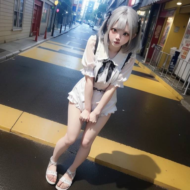 Full body like,(8K, RAW photo, Best quality, Mastery:1.3),(Realistic,photo-realistic:1.37),(Night),(looking viewer:1.331),(White hair),posing on a,Tokyo Street,nightcityscape,Cyberpunk city ,softlighting,1girll,Extremely beautiful face,chest circumference,putdownhands,Casual hairstyle,The expression is casual,largeeyes,,Alvine,,Style,,(Bow jk_tie),mix4,(RAW photo:1.2),camel-toe,Hollow-out on,sweat leggs,White liquid, Smooth pink skin, shiny metallic glossy skin, Shiny,spread their legs,M-shaped legs,angry look,sullenness,Irritated,white liquid all over body,Full body like