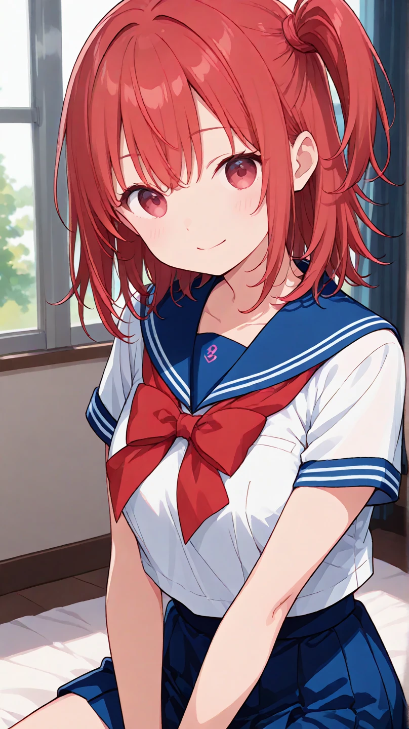 ((highest quality, High resolution,  perfect pixel, written boundary depth, 4k)), 1 girl,  beautiful anime girl, 
close, looking at the viewer, 
perfect body, 

yuigahama yui, (huge breast), single hair bun, short hair, 

Sailor Uniform, red ribbon, 
(blush:1.1), 

cloud, sunshine, from below, 