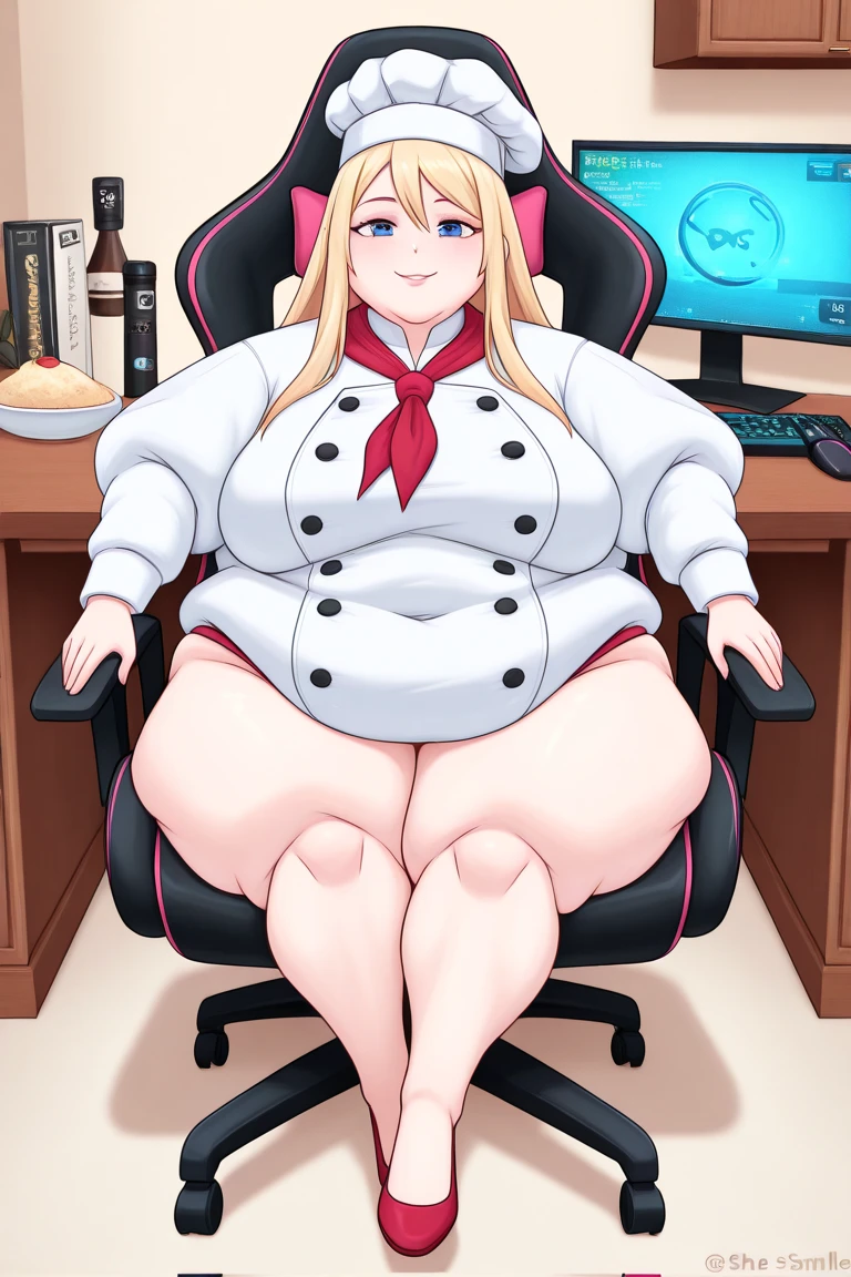 fat, Cynthia, big belly. obese, Cynthia pokemon, blonde hair, wearing a sweater, fat, table with food, sitting, grabbing belly, shocked