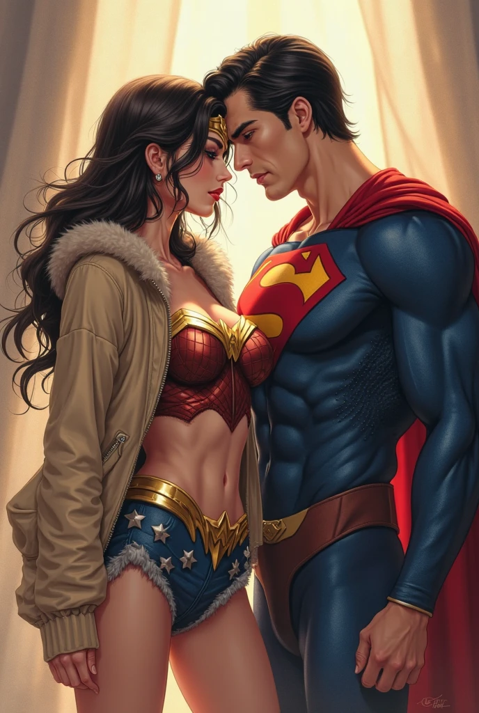 ((Best quality)), (masterpiece), (super Fine), (illustration), (Detail Light), (Extremely exquisite and beautiful), Two people，A man and a woman，Henry Cavill as superman，&quot;s&quot; logo on chest，Dark blue briefs(strong man：1.2), (Cowboy lens), A woman，Gal Gadot as Wonder Woman， Bikini， huge breasts, Huge ass, plump body, Two people lying on the bed，Embrace，kiss， (beautiful eyes), Negative space, Detailed background