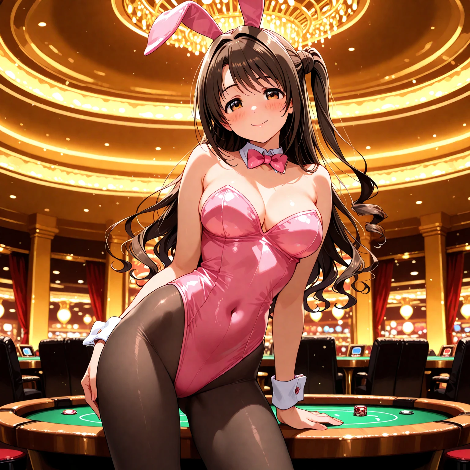 (masterpiece:1.3, top-quality, ultra-high res, ultra detailed), (realistic, photorealistic:1.4), beautiful illustration, perfect lighting, natural lighting, depth of fields, nsfw, (face focus, upper body),
looking at viewer, 1 girl, bunny girl, cosplay, (perfect anatomy, anatomically correct, super detailed skin), cute and symmetrical face, perfect face, perfect eyes, baby face, shiny skin,
(long hair:1.7, twintails:1.5, blonde hair), hair between eyes, red eyes, long eye lasher, (large breasts, seductive thighs, big ass),
beautiful hair, beautiful face, beautiful detailed eyes, beautiful clavicle, beautiful body, beautiful chest, beautiful thigh, beautiful legs, beautiful fingers,
((pink bunny girl)), bunny collar, cuffs, (fishnet tights), high heels,
(beautiful scenery), day time, (casino), standing, (hair twirling | hand in hair}, (lovely smile, upper eyes),