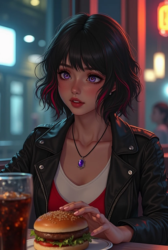 Do it at a room,with a pink heart necklace ,short black hair with fringe,  background with a black leather jacket, clothes with a beer, blusa roja hasta el cuello ,smiling ,beautiful, cabello quebrado y con volumen, playera rosa, en la barra, tomandose una selfie,, realista, hiperrealista, no nfsw 