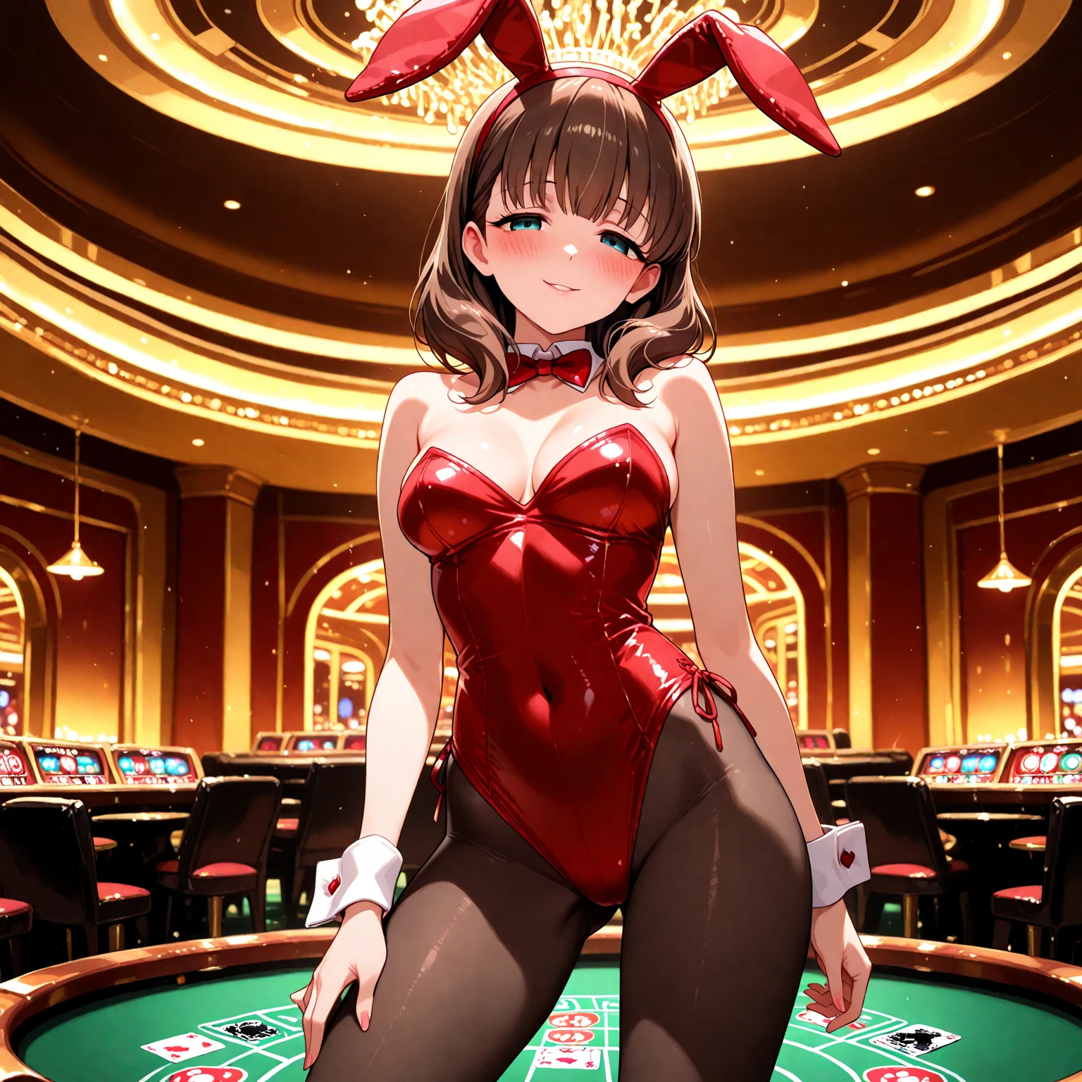 masterpiece, best quality, 1girl, solo, Soryu Asuka Langley, Random pose, looking at viewer, breasts, playful, smiling, mature female, collarbone, janeporter, short hair, hair bun, playboy bunny, detached collar, fake animal ears, rabbit ears, rabbit tail, cyberpunk, neon lights, indoors, casino, yellow leotard, bowtie, depth of field,