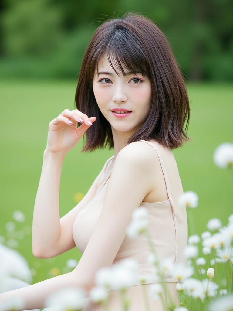 (great masterpiece、hightquality、high-level image quality)、((Beautiful and cute:1.3、A Japanese Lady、Sexy Idol、Sense of cleanliness、pure、affectionate))、、(Perfect and correct anatomy、plump and beautiful limbs、Healthy body),(wretched、bobhair、Black eyes)、Perfect body、Colossal tits、Happiness、cool summer、Comfortable and relaxing summer、sunlights、(Professionally taken photos, Successful works、Good work,From an amateur's point of view, it looks like a photo of a failed work.、Photos from which the professional and amateur points of view are misaligned)、Still a work of art、