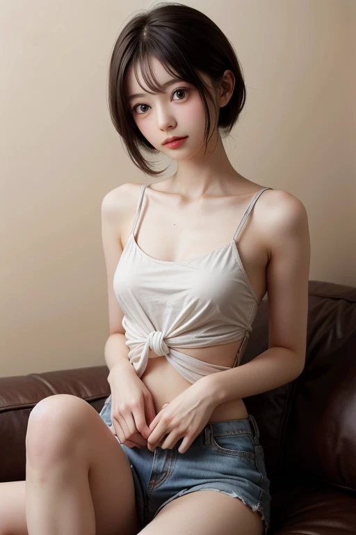 Masterpiece,best quality,solo, one beautiful Japanese girl,10 years old,(Young body,Infantile body,flat chest, innocent face, innocent expression:1.5),(black eyes,large eyes, half-open eyes, eyelids half-closed, glazed over, slanting eyes,sleepy eyes:1.5),(black soft hair,bob cut,straight bangs:1.5),