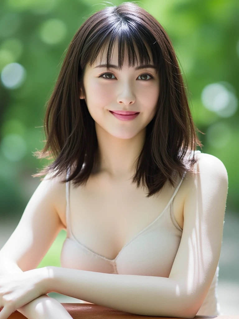 cute, アイドルのようにcute16歳高校生、Smiling Kindly、High school suburban classes、高校の制服はCleavageが見えるデザイン、Small breasts、Cleavage、Forest Park、Dim lighting、whole body、RAW Photos、Genuine、Real、Realスティック、Raw photo、High resolution、Life、No copyright notice
