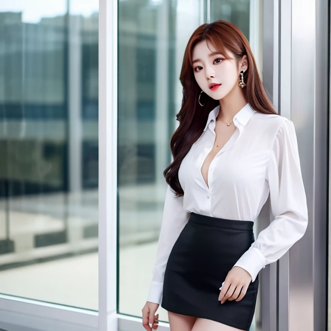 Best Quality,masutepiece,超A high resolution,(Photorealistic:1.4),Raw photo,1girl in,makeup,(lip stick:1.1),(eye line:1.1),glamor,Large breasts,Blond hair and brown hair,Medium Hair,Asymmetrical hair,Wavy Hair,asymmetrical bangs,BREAK (Flash lighting:1.2),(Wet:1.5),(Glossy Satin Purple Slit Tight Skirt:1.2),(Turtleneck Suit:1.1),, ,(Office Lady,Recruit suit,Black pantyhose,Tight skirt,White shirt:1.3)