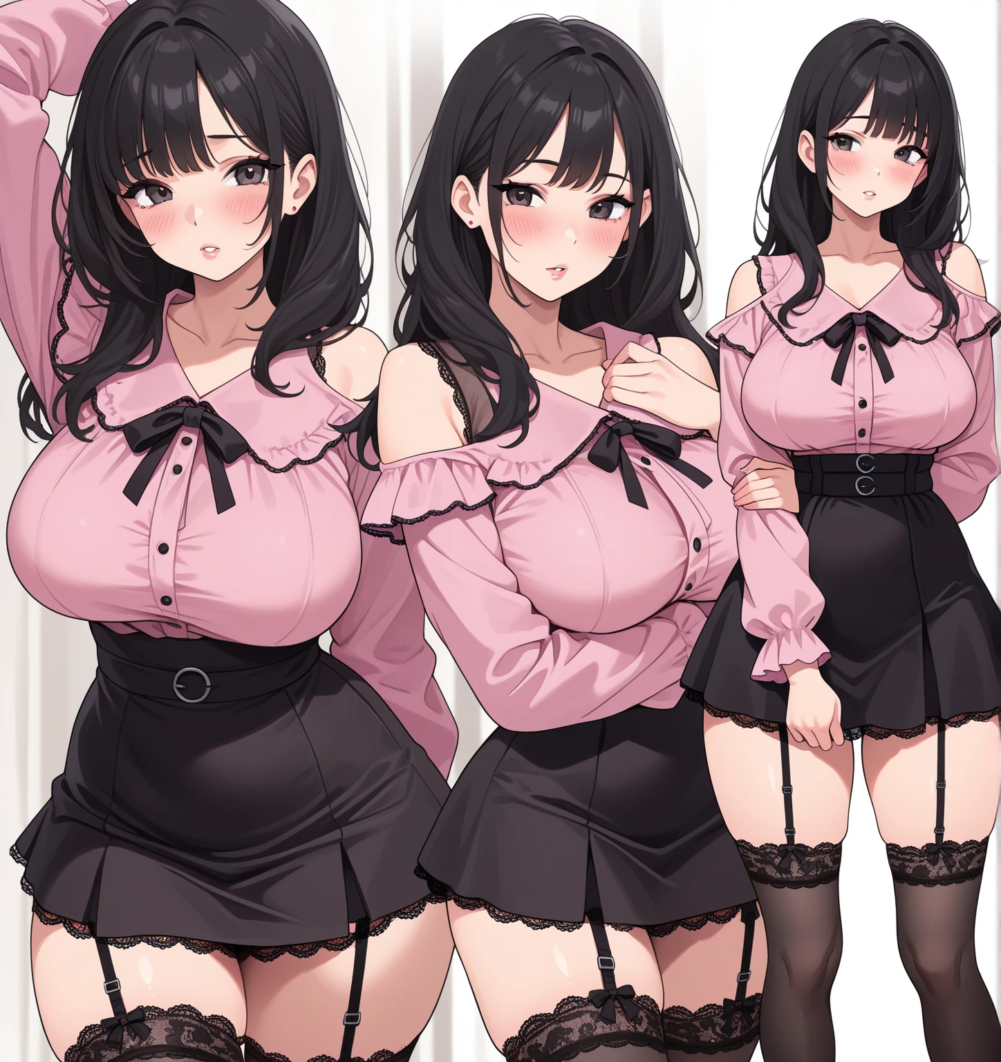 (Highest quality,High resolution,Pixel perfect,8K), (1 Girl:1.2), Beautiful woman,((Wavy mid-length hair, bangs, Brown Hair)), ((Brown eyes, Beautiful eyelashes, Realistic eyes)), ((Detailed face:1.2)), ((Smooth texture:0.75, Realistic texture:0.65, Realistic:1.1, Anime CG Style)), Slender body, Medium Chest, Perfect body, (Earrings,necklace,Sleeveless turtleneck sweater,mini skirt, ((Skirt flip)), A shy smile, ((Her lacy panties are visible:1.1), (Multiple Views,Two views), (The sexy, beautiful girl next door:1.2), Inviting expression, ((Trying to take off my top:1.2))